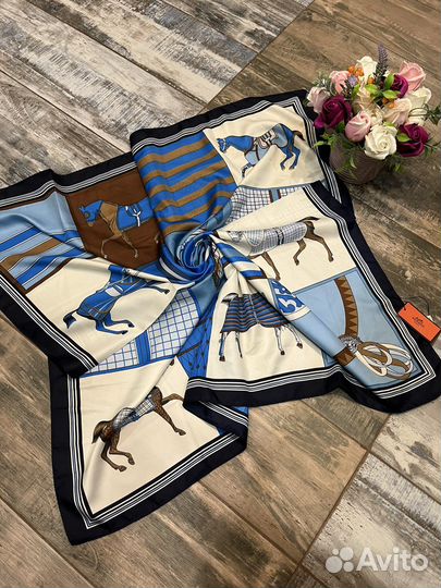 Шелковый платок шаль Hermes синий