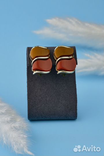Винтажные клипсы с камнями. Терракотовый. США. К22