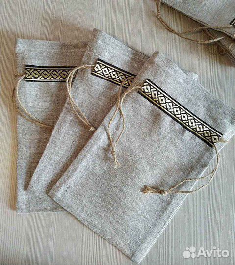 Льняные эко-мешочки с джутовыми завязками