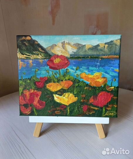 Картина маслом красные маки горный пейзаж