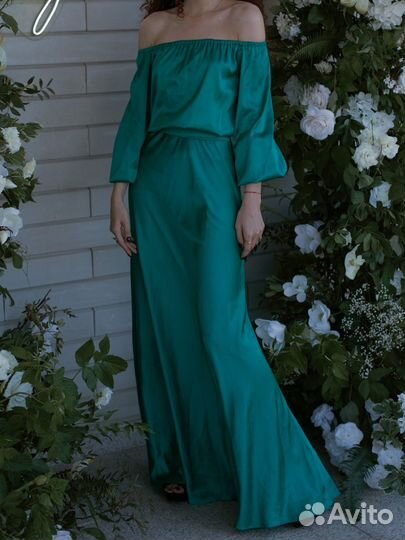 Платье шелковое длинное в пол, изумрудное