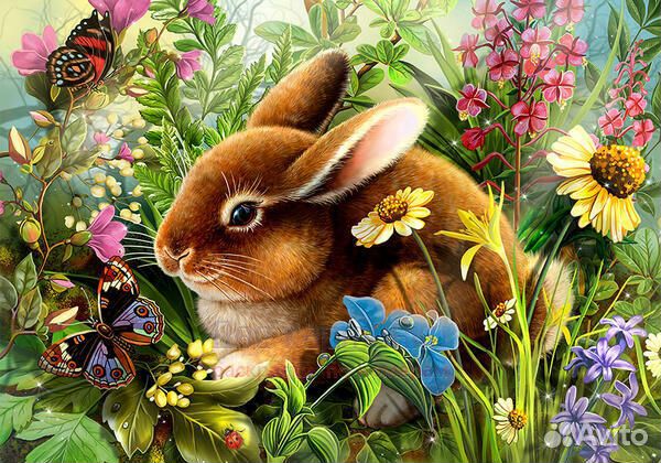 Алмазная мозаика 30x40 Милый кролик среди бабочек