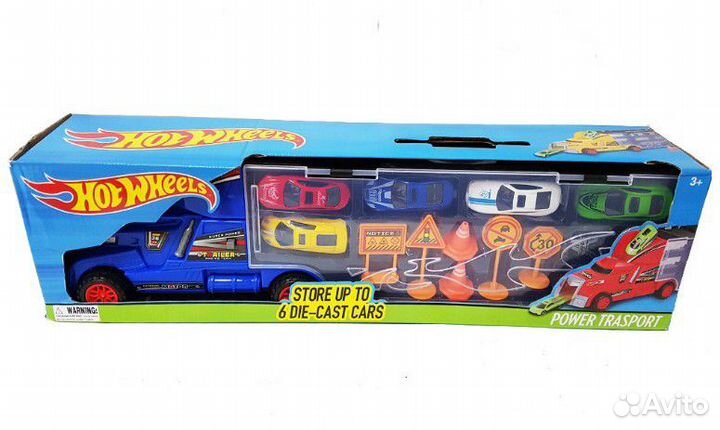 Грузовик-автовоз Hot Wheels, 6 машин + знаки