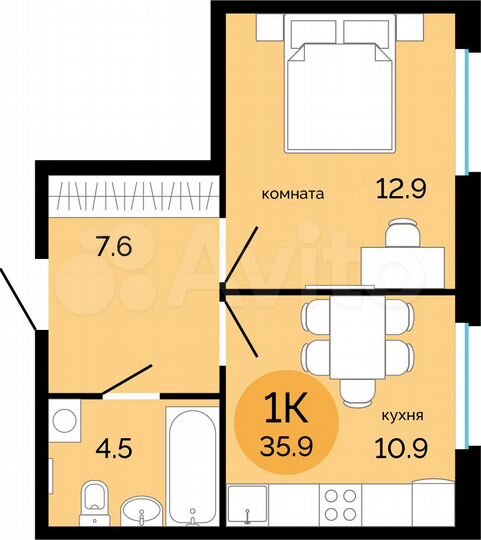 1-к. квартира, 35,9 м², 7/17 эт.