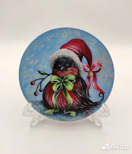 Магнит картина миниатюра акрилом на холсте Снегирь