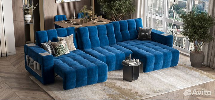 Диван boss.XO MAX велюр синий / wood Rock