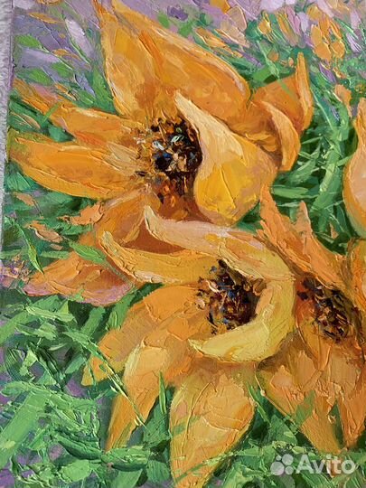 Картина маслом на холсте. Жёлтые цветы Подсолнухи