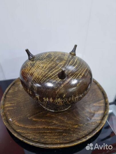 Винтажная деревянная вазочка на подносе, 70е