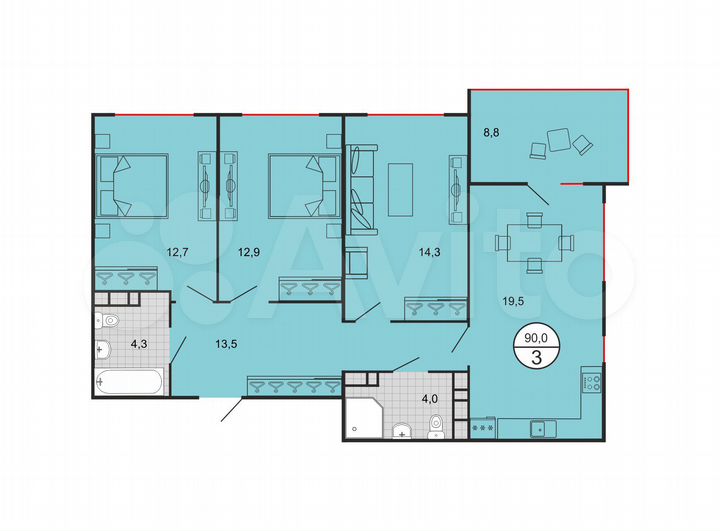 3-к. квартира, 90 м², 16/19 эт.