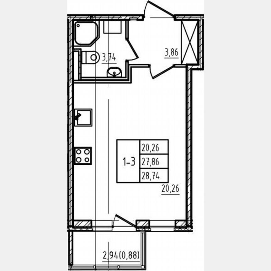 Квартира-студия, 27,9 м², 1/4 эт.