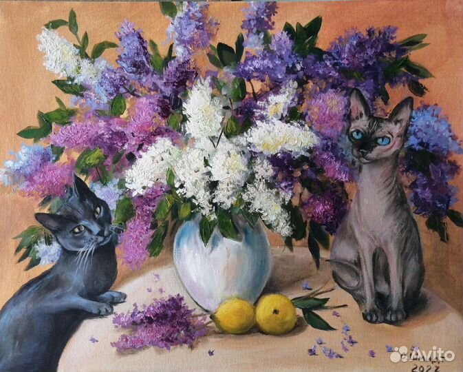 Картина маслом на холсте. Сирень и кошки. 40х50