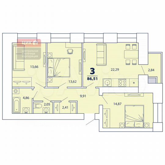 3-к. квартира, 86,5 м², 2/16 эт.