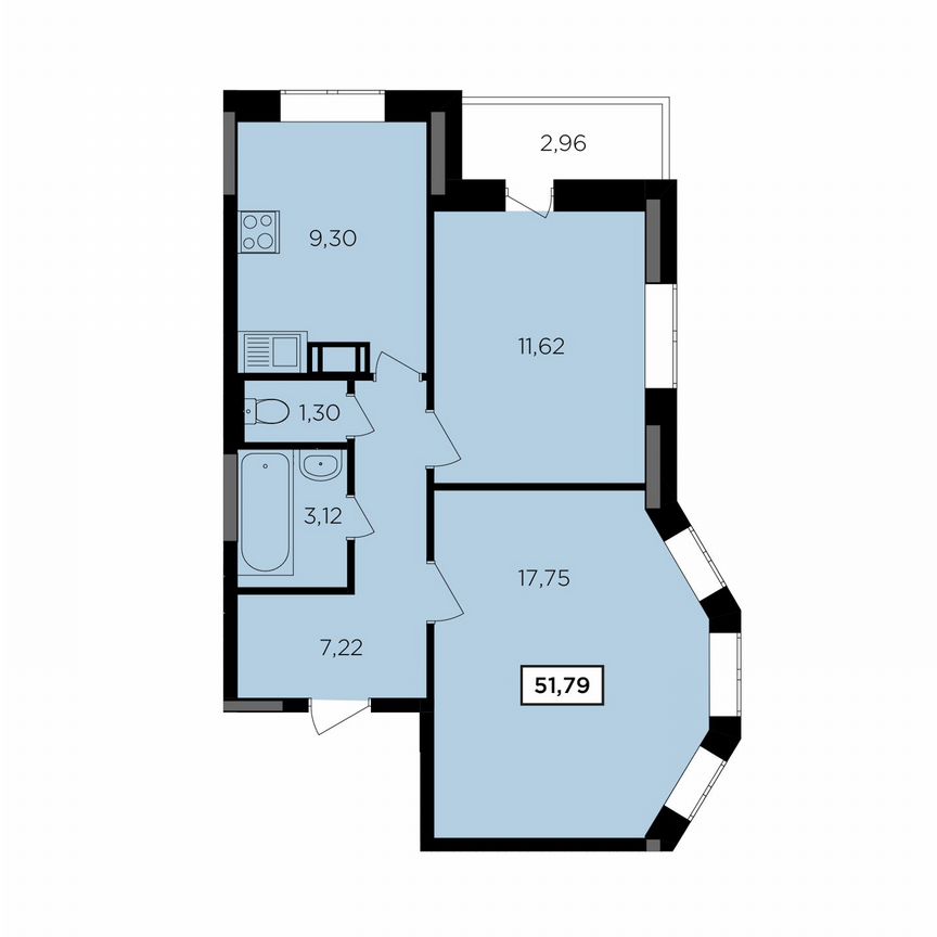 2-к. квартира, 51,8 м², 1/16 эт.