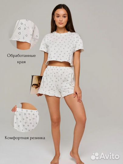 Пижама женская хлопковая в сердечко с шортами