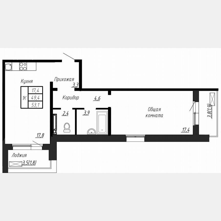 1-к. квартира, 53,1 м², 15/17 эт.