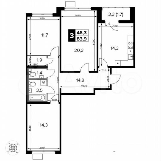 3-к. квартира, 83,9 м², 6/13 эт.