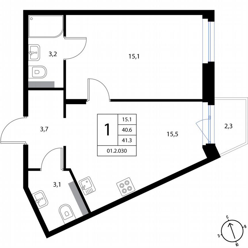 1-к. квартира, 41,3 м², 2/3 эт.