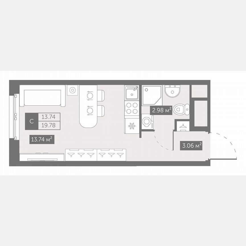 Апартаменты-студия, 19,8 м², 13/17 эт.