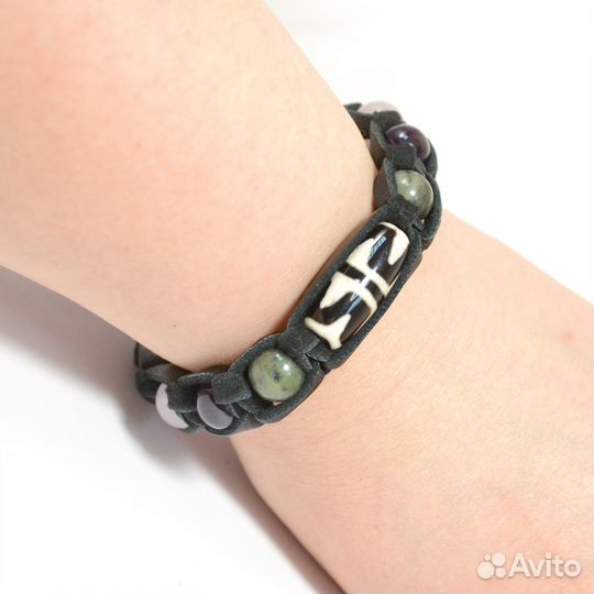 Шамбала браслет из кожи с натуральными камнями
