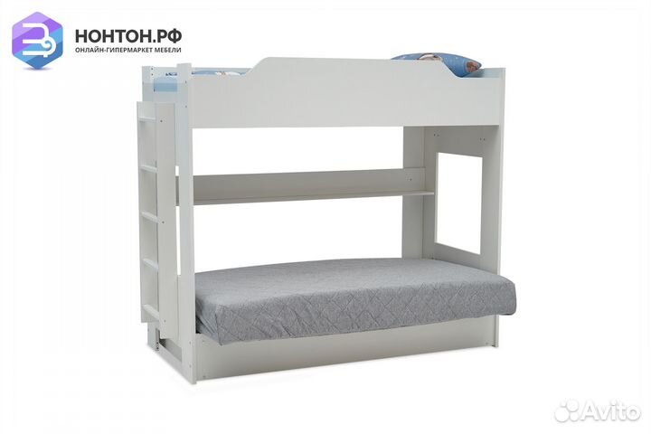Двухъярусная кровать с диван-кроватью серый / белы