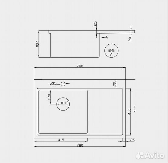 Кухонная мойка из нержавеющей стали 78х50