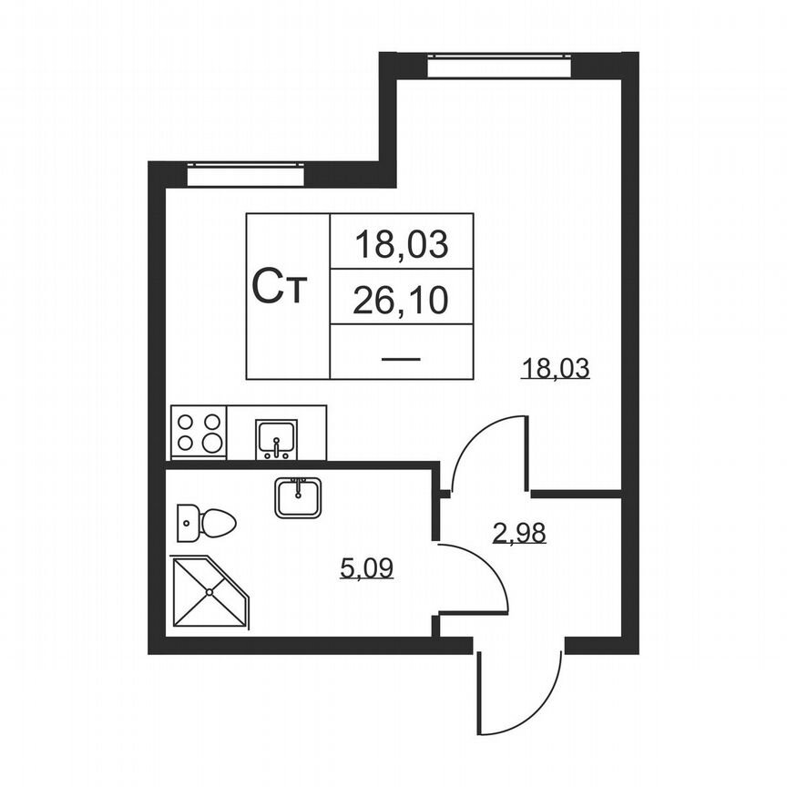 Квартира-студия, 26,1 м², 2/19 эт.
