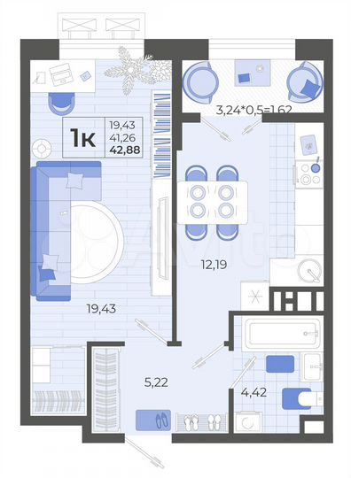 1-к. квартира, 42,9 м², 9/14 эт.