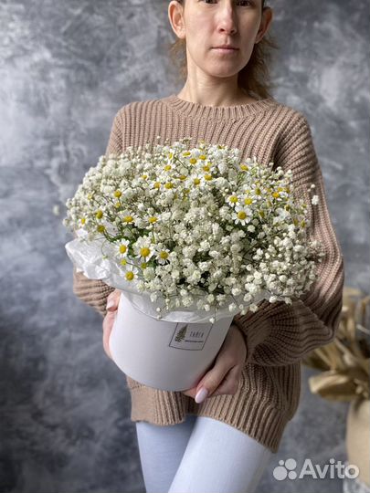 Букет ромашки и гипсофила, полевые ромашки