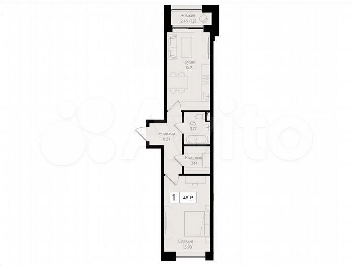 1-к. квартира, 46,2 м², 2/17 эт.