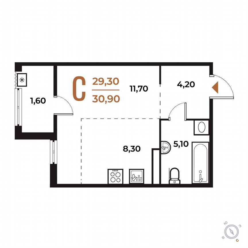 Квартира-студия, 30,9 м², 6/8 эт.