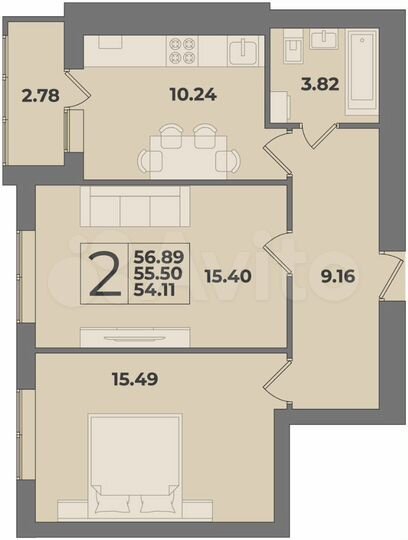2-к. квартира, 56,9 м², 2/9 эт.