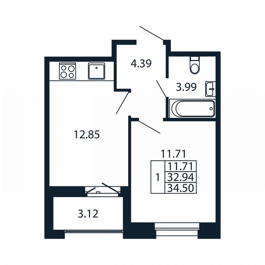 2-к. квартира, 36,1 м², 12/12 эт.