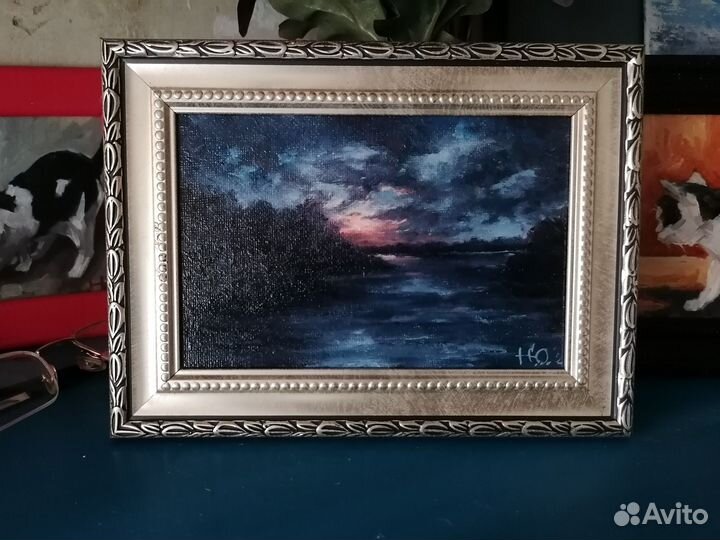 Картина маслом закат. Миниатюра на холсте пейзаж