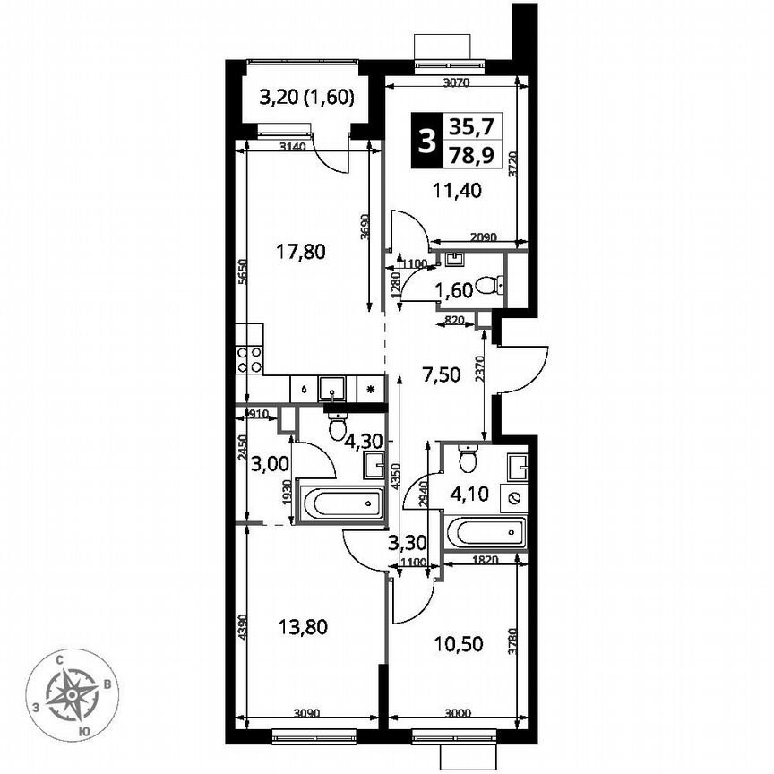 3-к. квартира, 78,9 м², 2/7 эт.