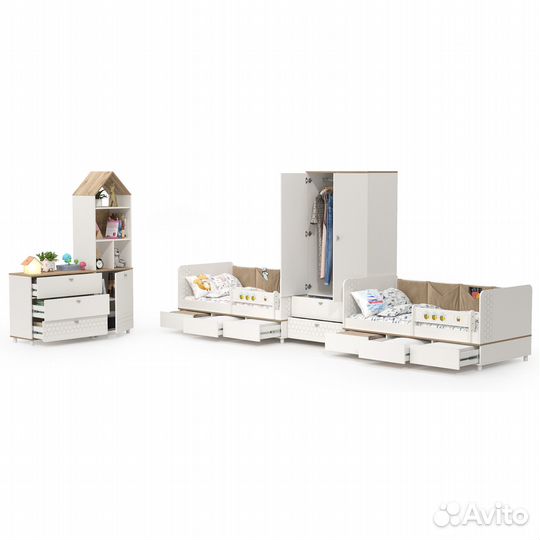 Мебель для детской комнаты с кроватями для двоих детей Эйп, цвет белый/дуб белый, два спальных места