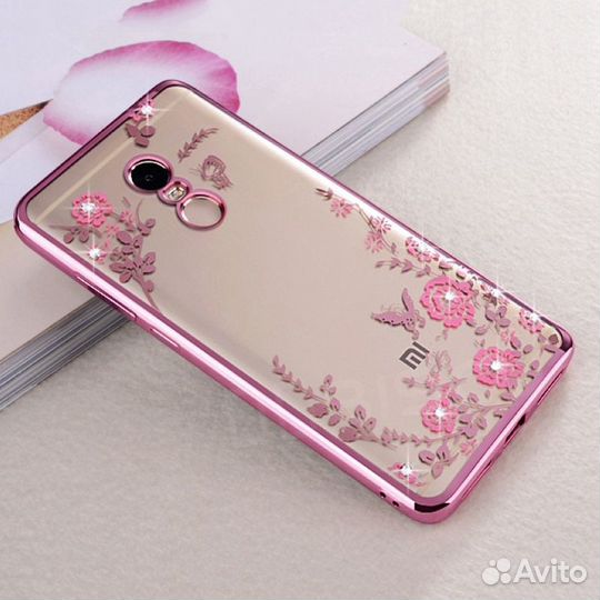 Чехол силиконовый со стразами и цветочками Xiaomi