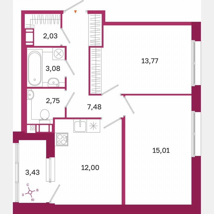 2-к. квартира, 57,8 м², 6/10 эт.