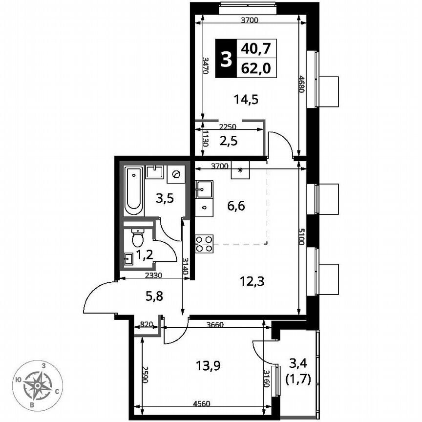 2-к. квартира, 62 м², 10/18 эт.
