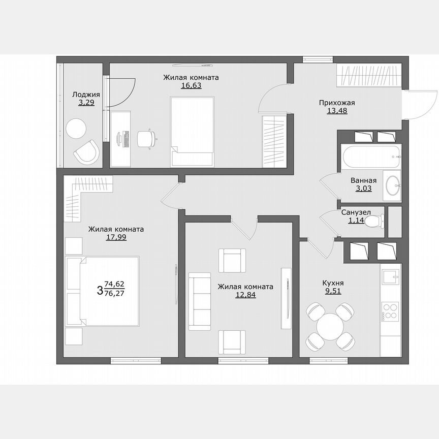 3-к. квартира, 76,3 м², 4/9 эт.