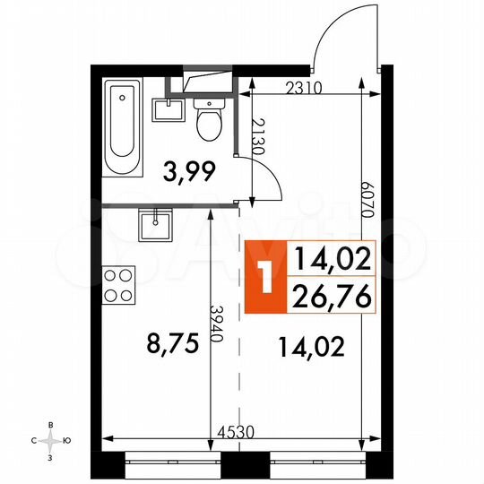 Квартира-студия, 26,8 м², 15/15 эт.