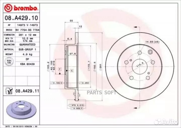 Brembo 08.A429.11 Диск торм. зад.281x12 5 отв