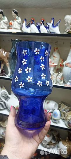 Ваза синее цветное стекло роспись эмаль