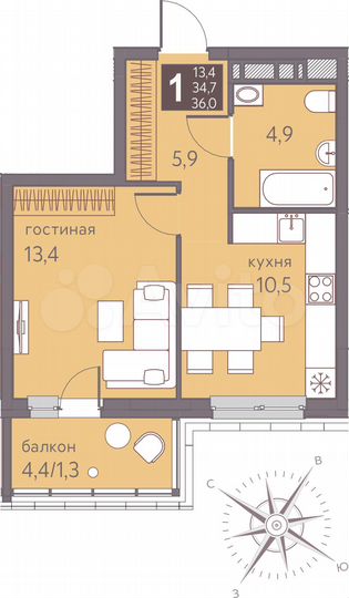 1-к. квартира, 36 м², 12/16 эт.