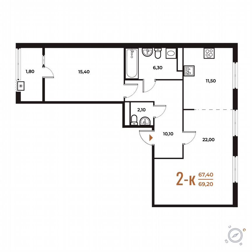 2-к. квартира, 69,2 м², 7/8 эт.