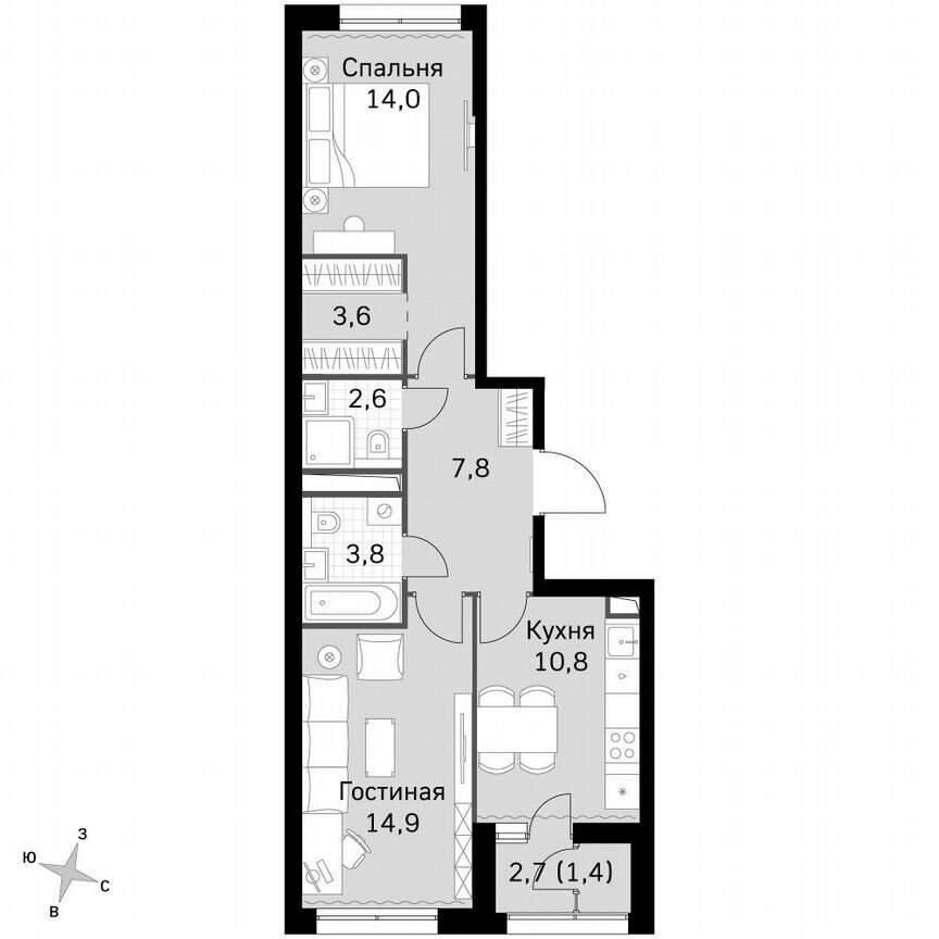 2-к. квартира, 58,7 м², 17/17 эт.