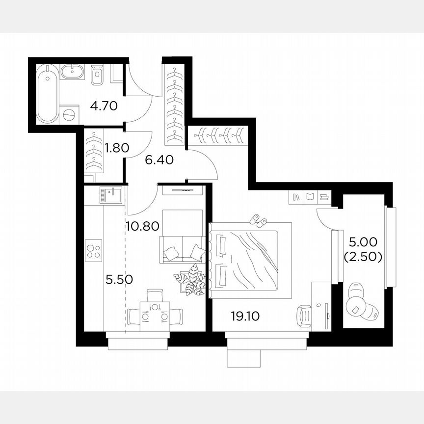 2-к. квартира, 50,8 м², 5/19 эт.