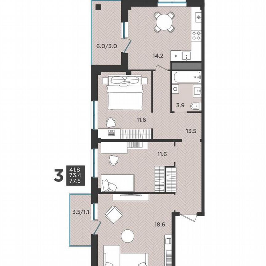 3-к. квартира, 77,5 м², 1/3 эт.