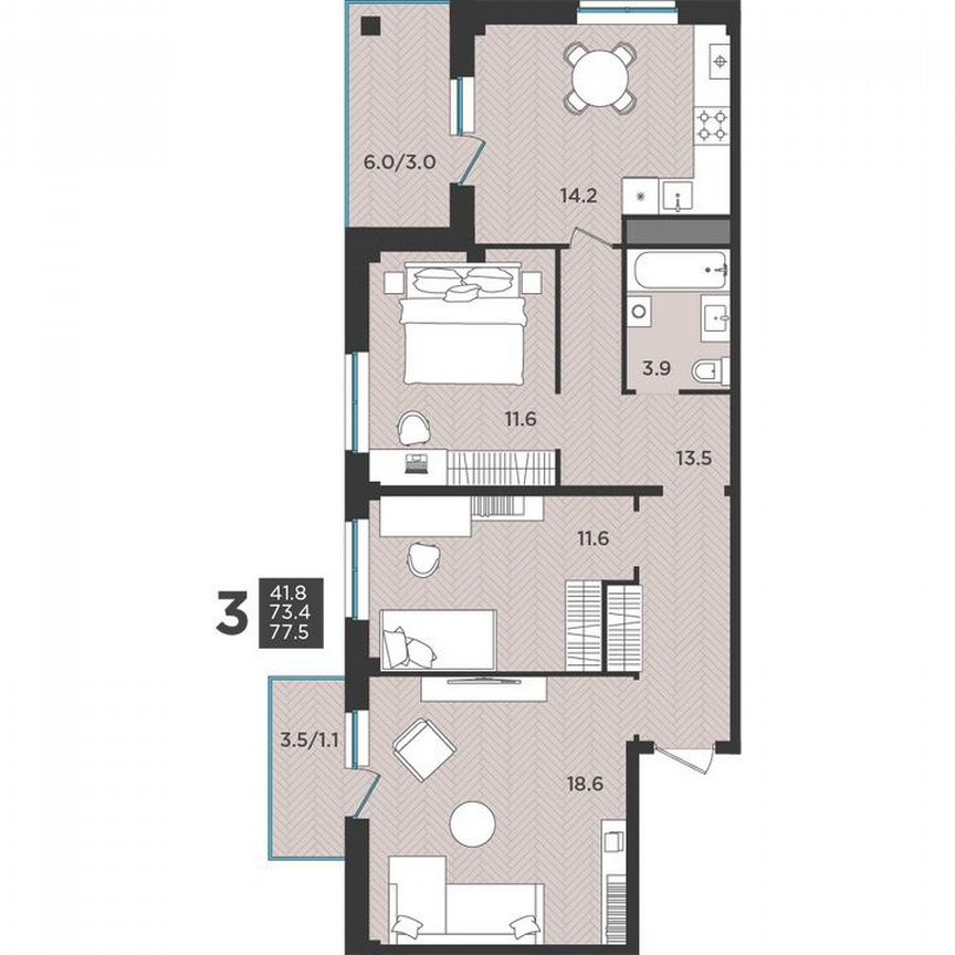 3-к. квартира, 77,5 м², 1/3 эт.