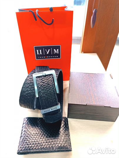 Ремень мужской из кожи питона.Черный матовый