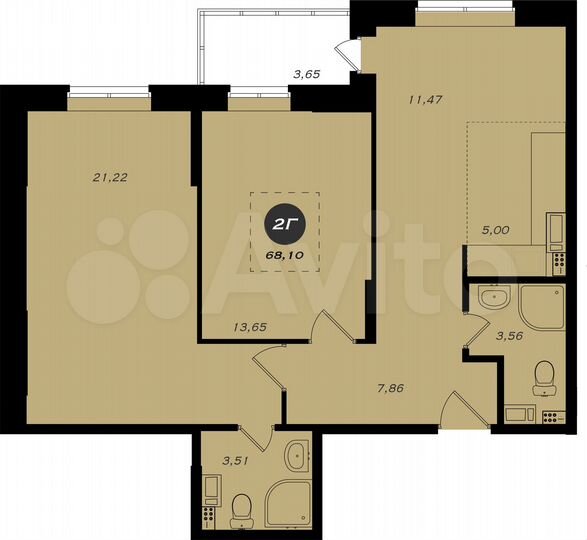 2-к. квартира, 68,1 м², 3/22 эт.